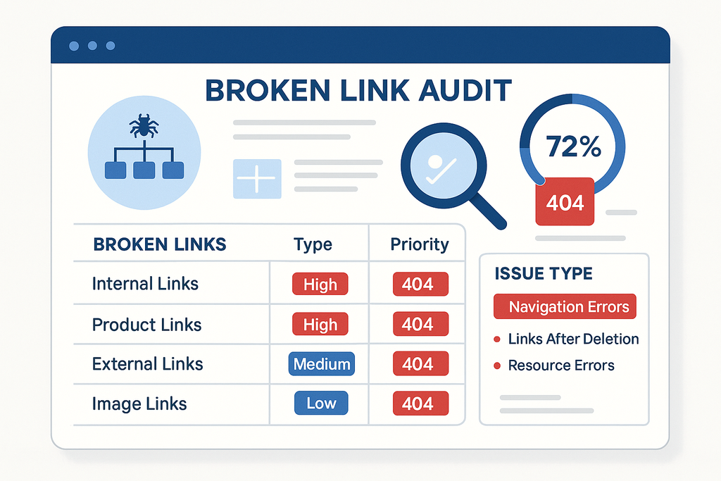 Broken link audit report showing site crawler mapping website structure, error logs with 404 pages, and categorization of link problems by type
