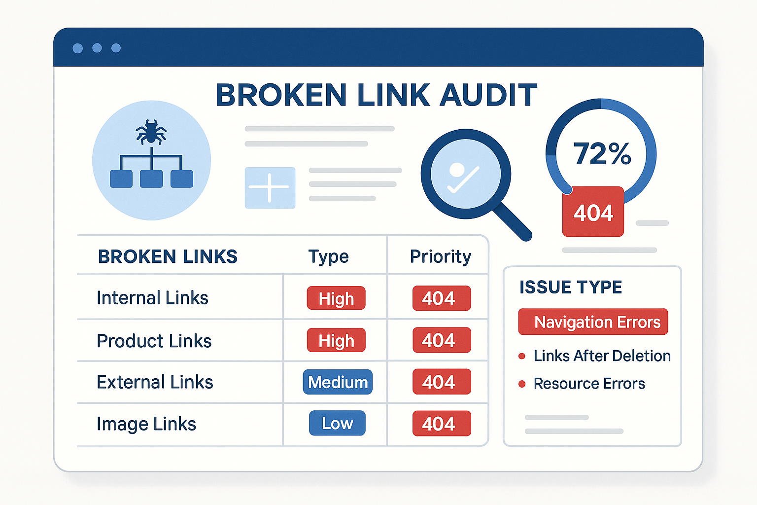 Broken link audit report showing site crawler mapping website structure, error logs with 404 pages, and categorization of link problems by type