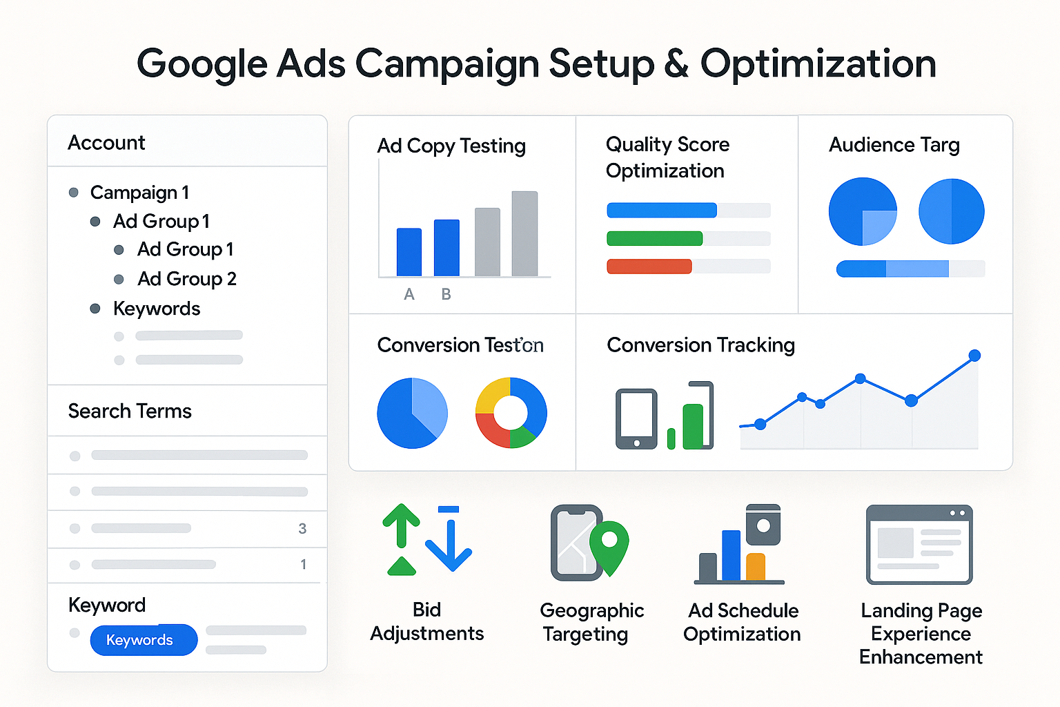 Campaign management dashboard showing account structure, search term analysis, ad copy testing, quality score optimization, audience targeting and conversion tracking setup