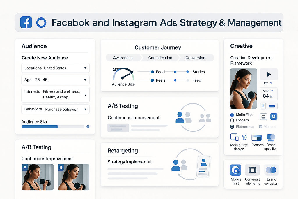 Campaign strategy dashboard showing audience targeting configuration, customer journey mapping, creative development framework, A/B testing structure and retargeting implementation