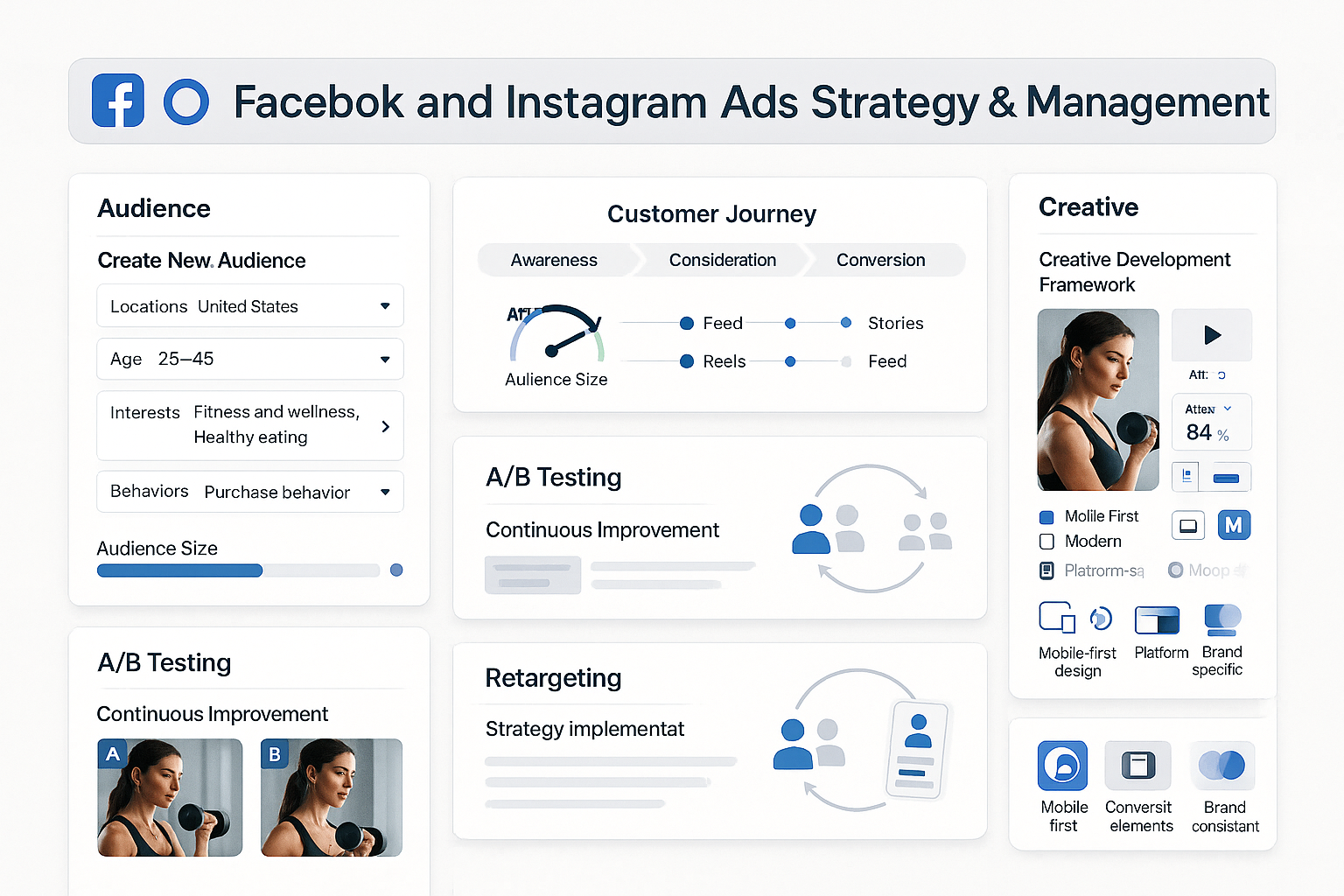 Campaign strategy dashboard showing audience targeting configuration, customer journey mapping, creative development framework, A/B testing structure and retargeting implementation