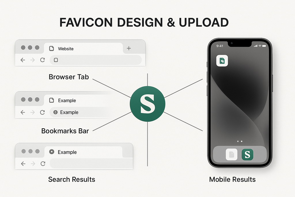 Central branded favicon with connections to browser tabs, bookmarks, mobile shortcuts and search results showing before/after comparison