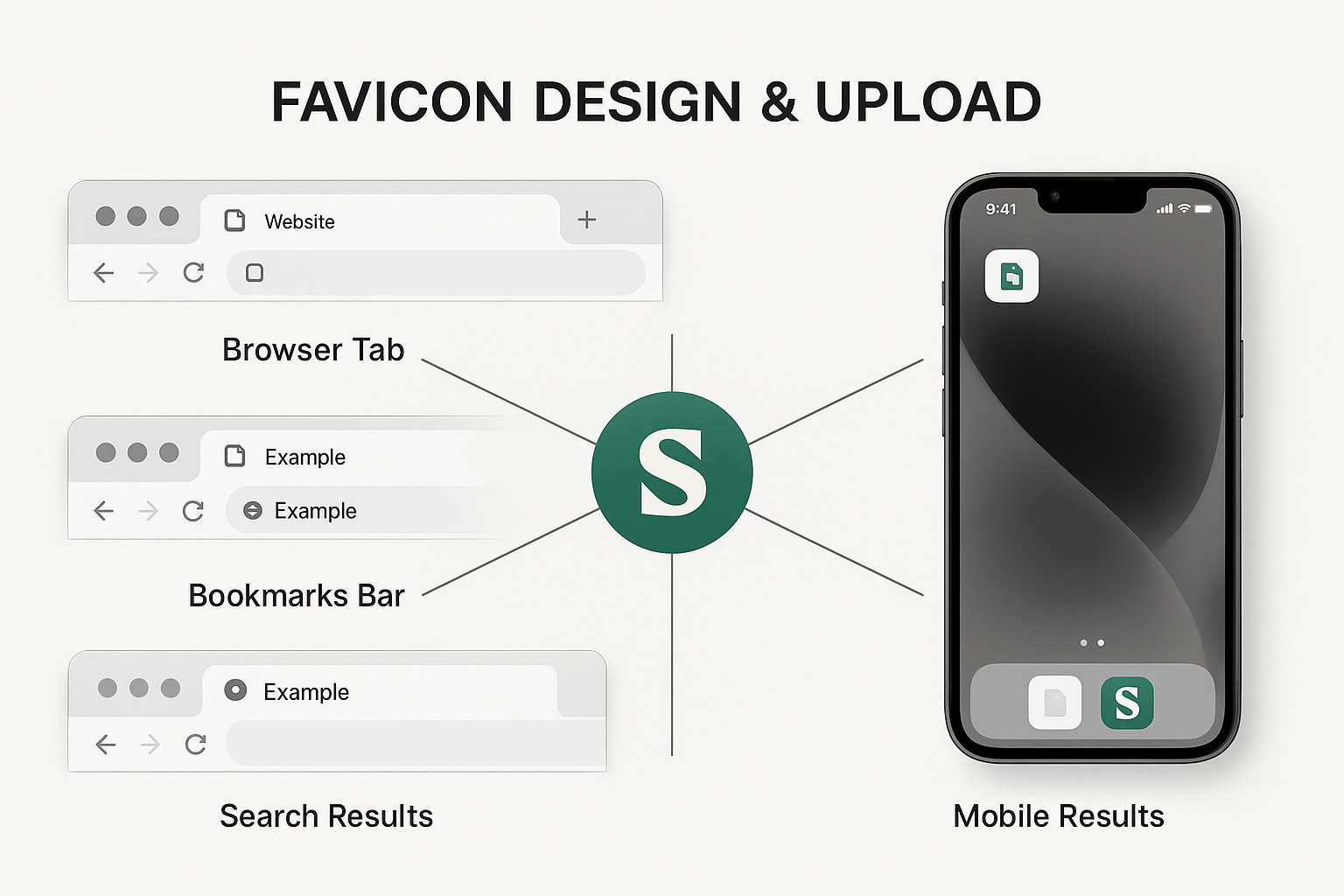 Central branded favicon with connections to browser tabs, bookmarks, mobile shortcuts and search results showing before/after comparison