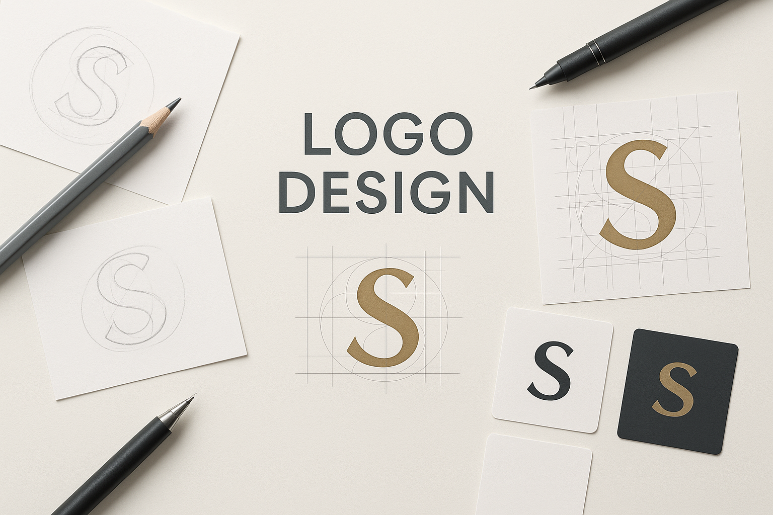 Central finished logo surrounded by design journey elements - initial sketches, refinement stages and final variations with design grid lines