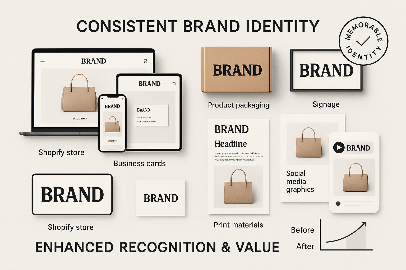 Cohesive brand ecosystem showing same custom typography across website, packaging, business cards, signage and social media
