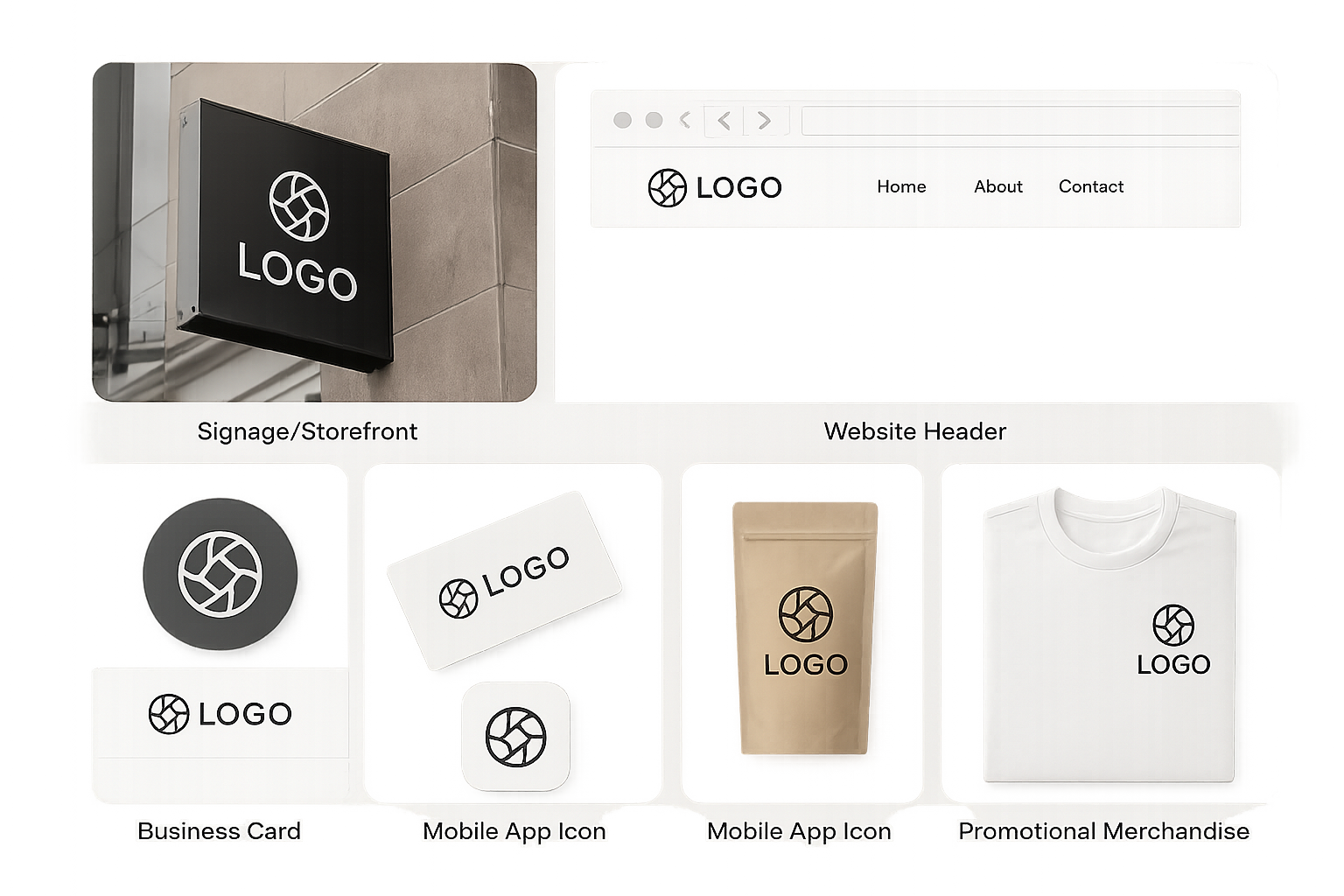 Collection of business applications featuring the same logo adapted across signage, website, social media, business card, packaging and merchandise