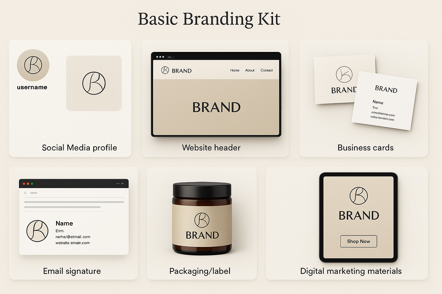 Collection of business applications sharing cohesive branding - social media, website, business cards, email signature, packaging and marketing materials