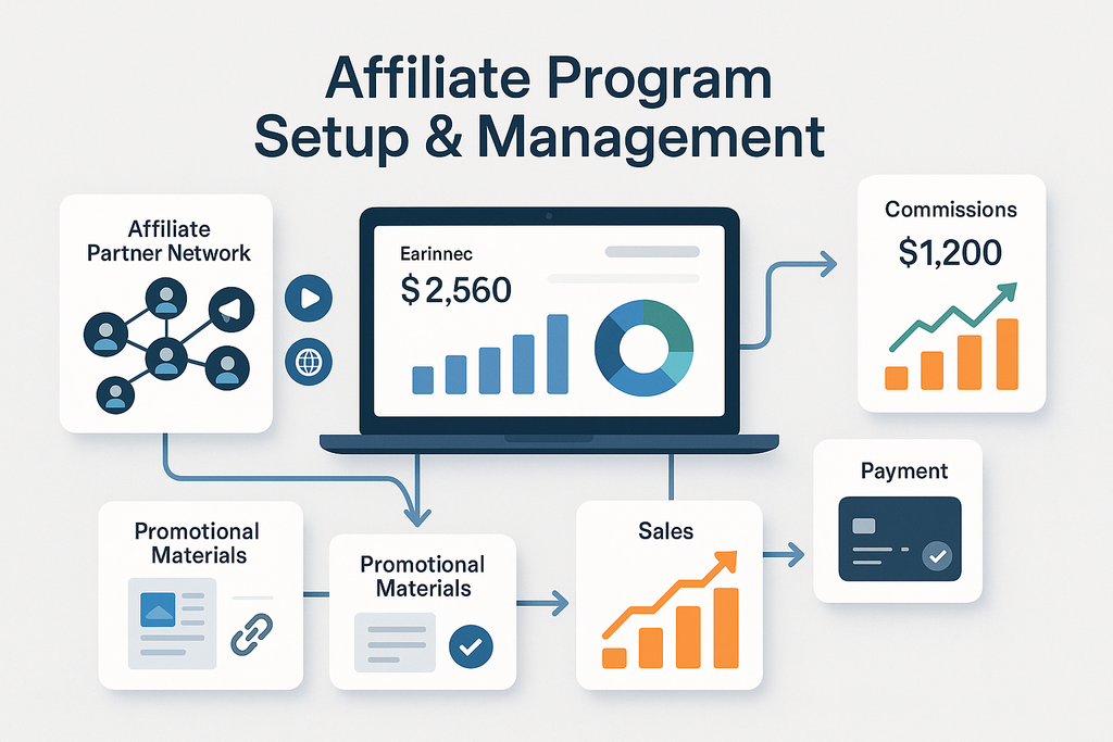 Comprehensive affiliate marketing ecosystem showing partner network, commission tracking, affiliate dashboard, promotional materials, payment processing and sales attribution
