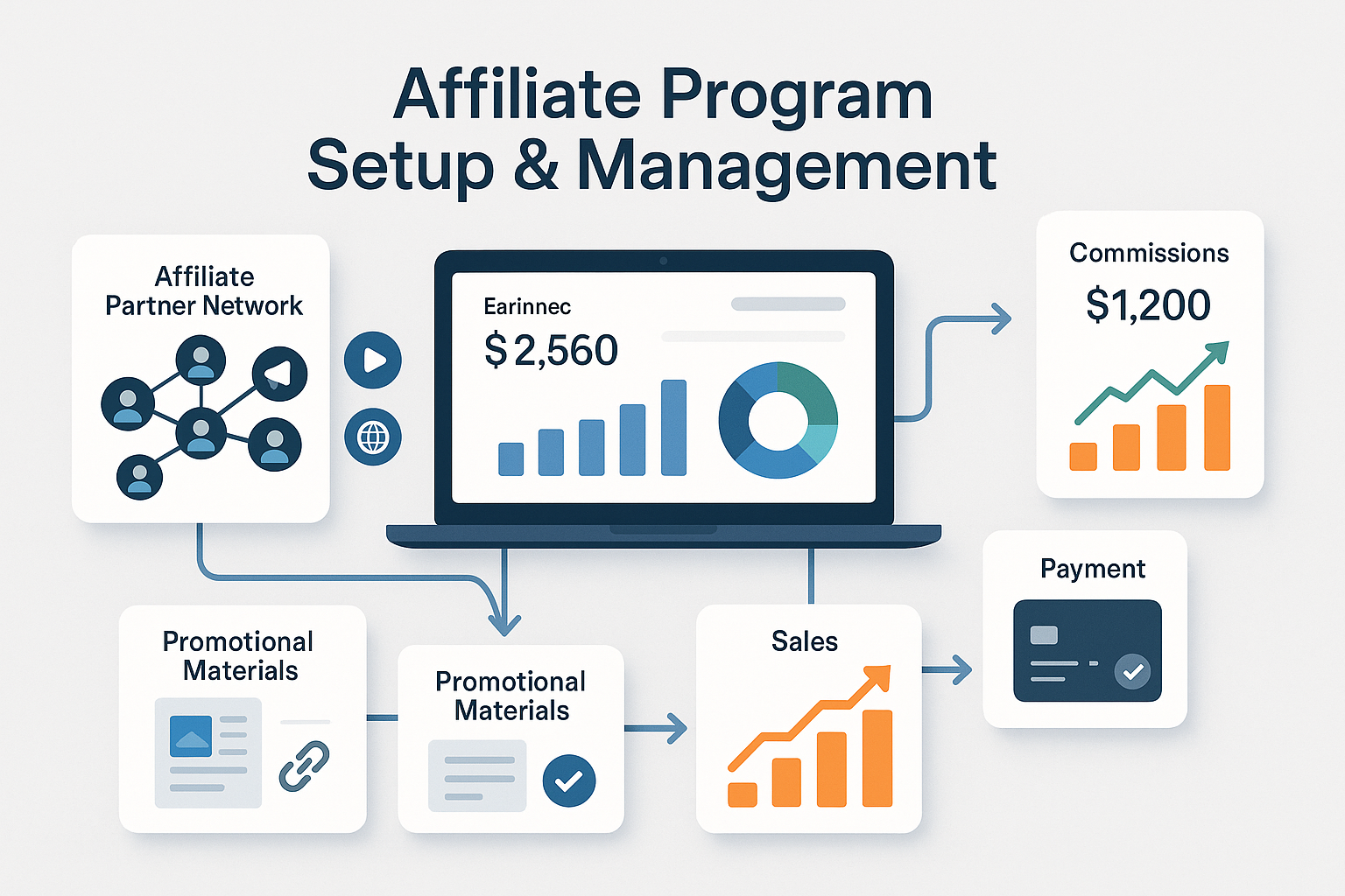 Comprehensive affiliate marketing ecosystem showing partner network, commission tracking, affiliate dashboard, promotional materials, payment processing and sales attribution