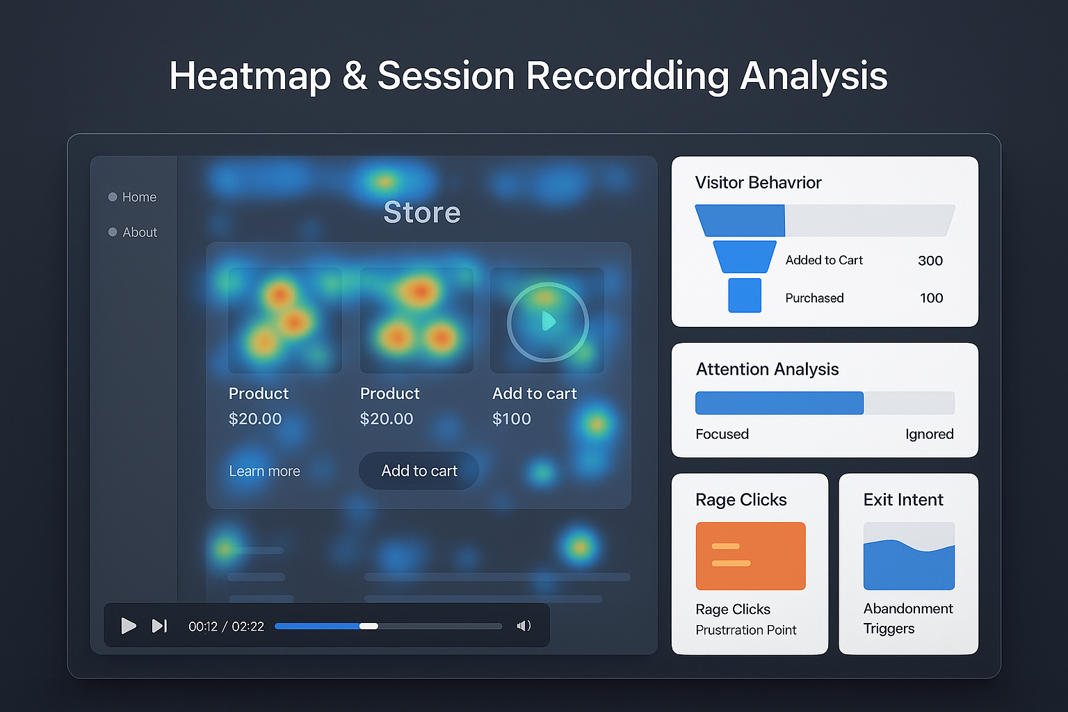 Comprehensive analytics dashboard showing heatmap visualization, session recording playback, visitor behavior funnel, attention analysis and exit intent patterns