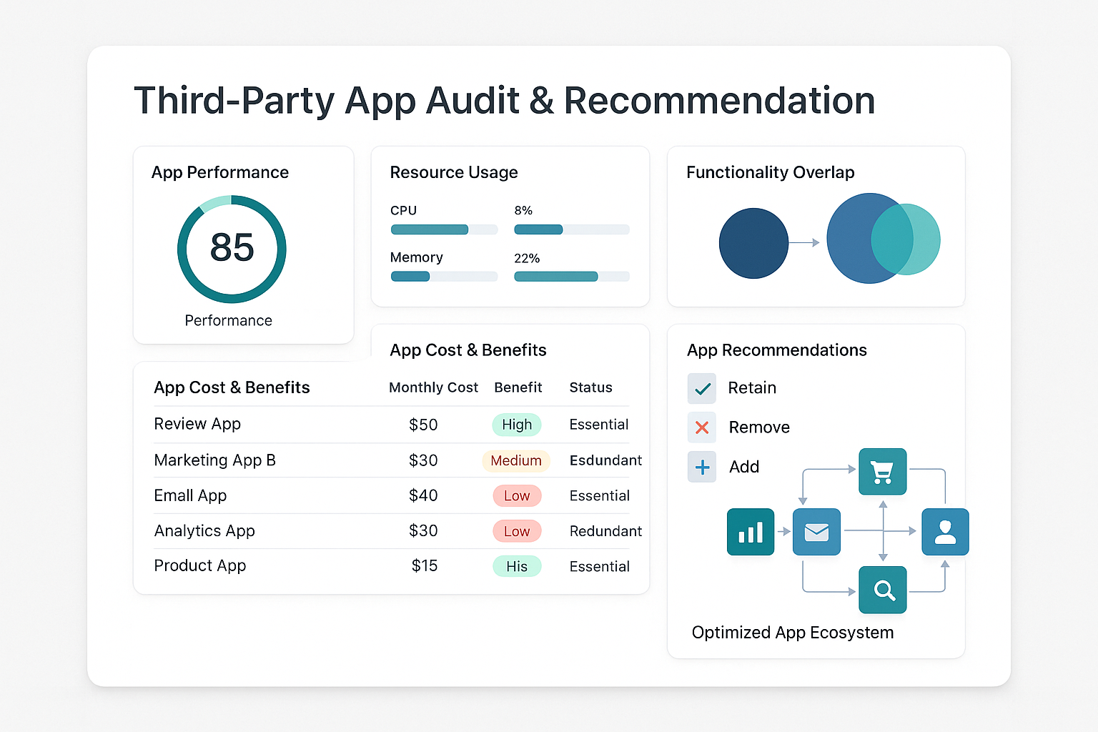 Comprehensive app audit dashboard showing performance analysis, functionality overlap identification, cost-benefit assessment and optimized app ecosystem visualization