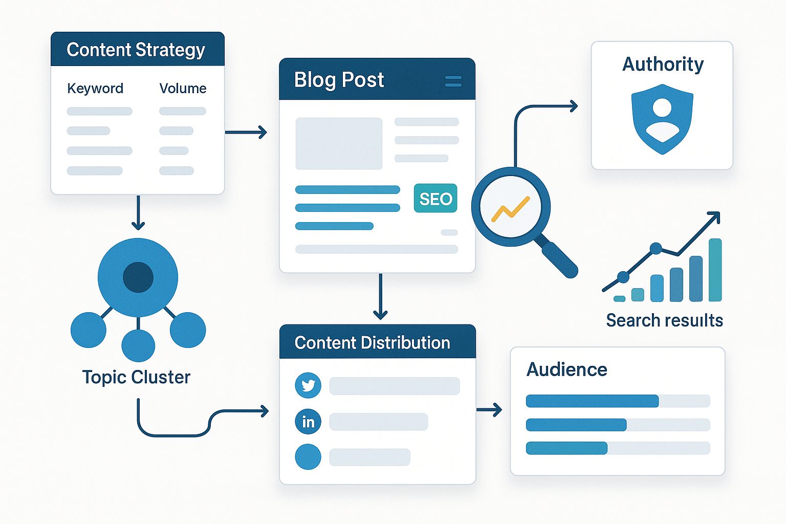 Comprehensive content marketing ecosystem showing strategic planning, blog creation with SEO optimization, distribution channels, engagement metrics and authority building