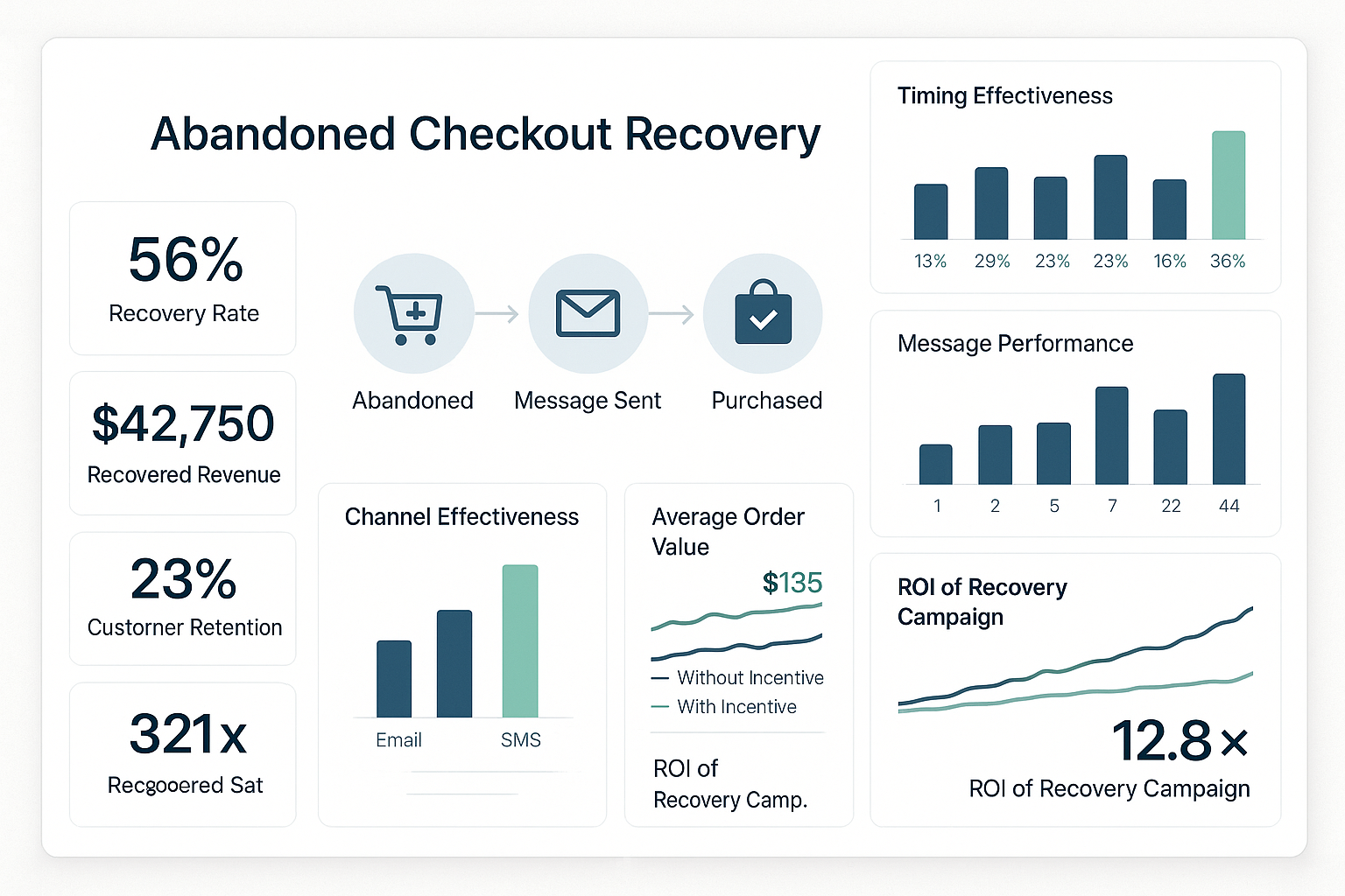 Comprehensive dashboard showing abandoned checkout recovery journey with panels displaying recovery rate percentage, recovered revenue amounts, customer retention metrics and campaign ROI