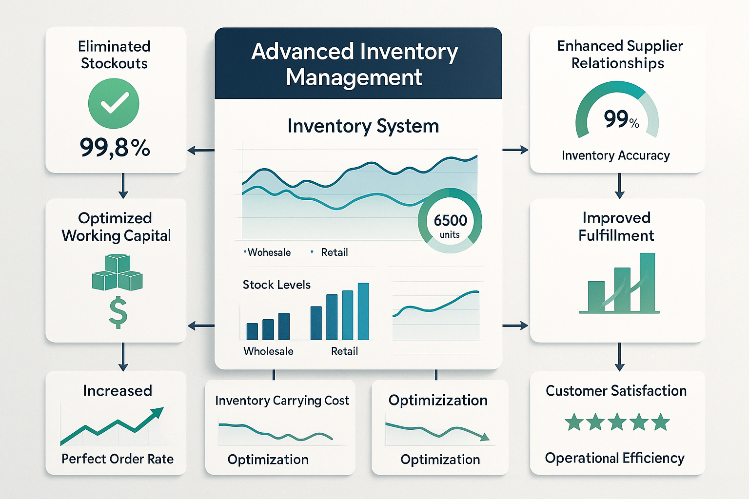 Comprehensive dashboard showing advanced inventory system with panels displaying eliminated stockouts, prevented overselling, optimized capital and improved fulfillment efficiency