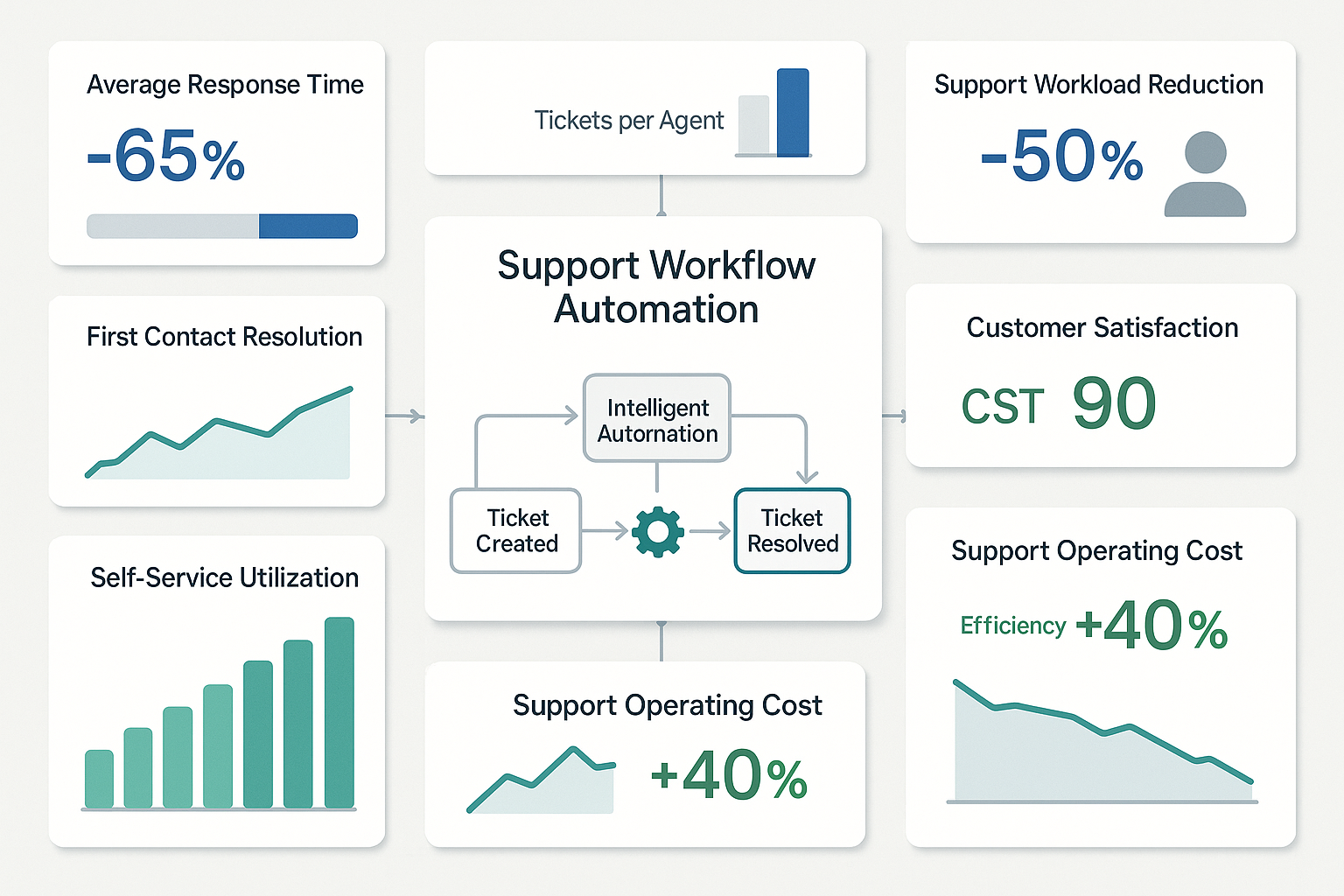Comprehensive dashboard showing automated support workflow with panels displaying reduced response times, workload reduction, improved satisfaction and efficient resource utilization