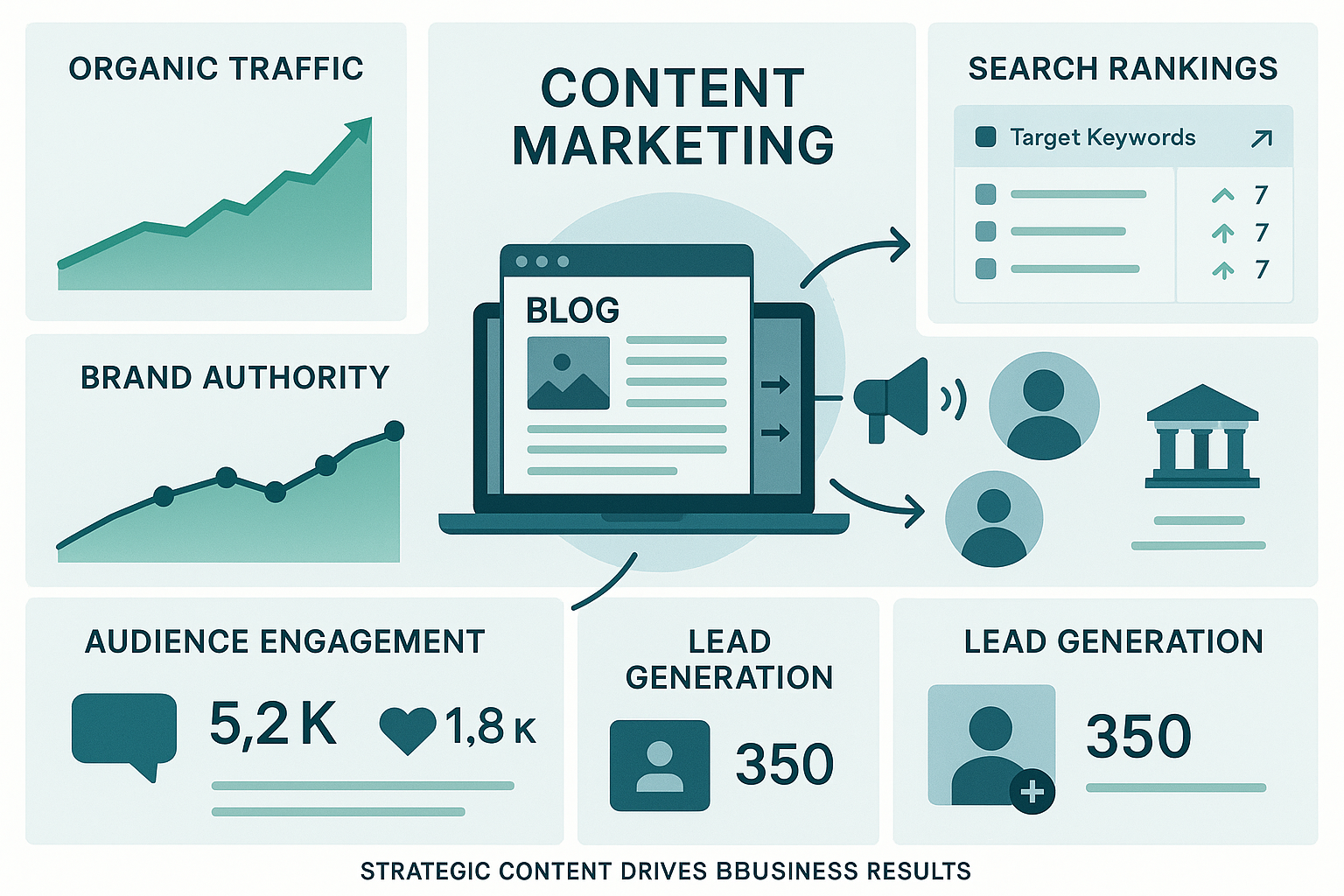 Comprehensive dashboard showing blog implementation with panels displaying organic traffic growth, improved search rankings, enhanced brand authority and increased engagement