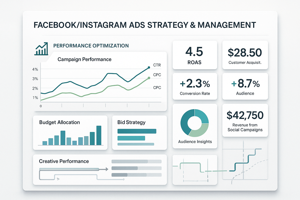 Comprehensive dashboard showing campaign performance with panels displaying ROAS metrics, acquisition cost efficiency, conversion improvements, audience growth and revenue attribution