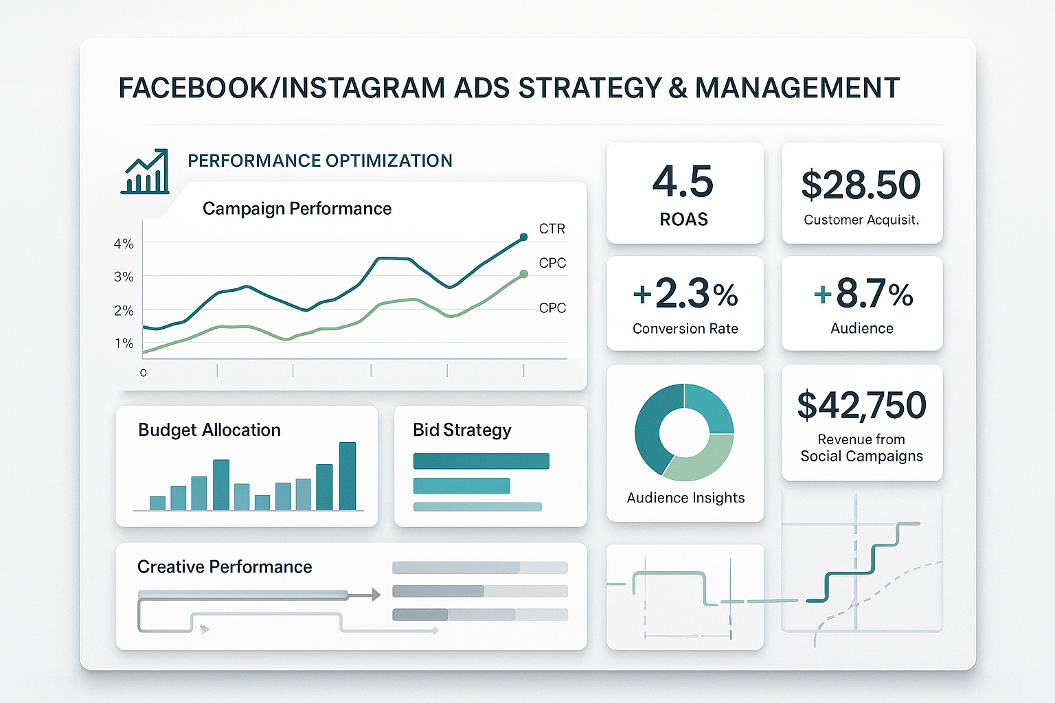 Comprehensive dashboard showing campaign performance with panels displaying ROAS metrics, acquisition cost efficiency, conversion improvements, audience growth and revenue attribution