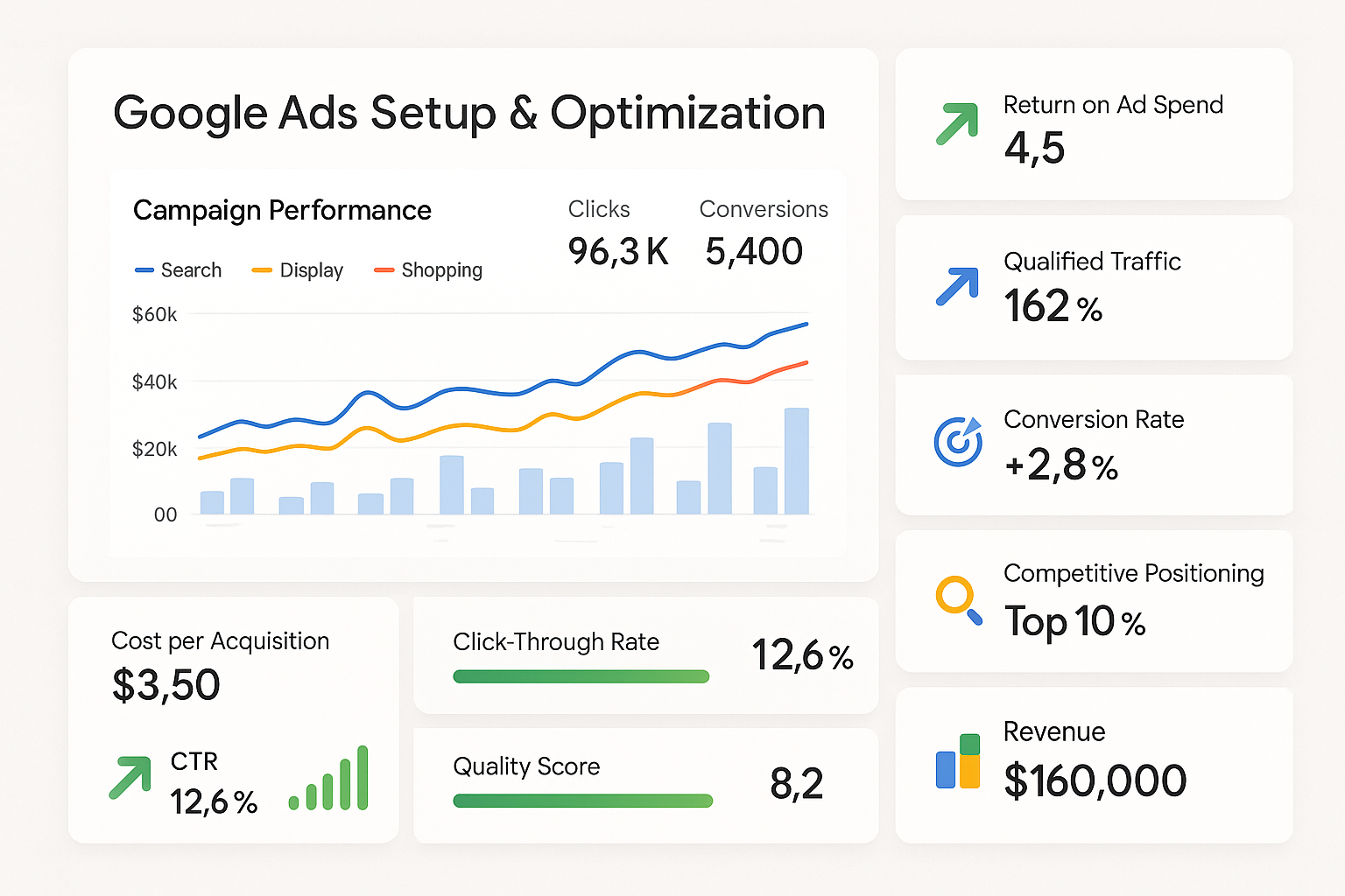 Comprehensive dashboard showing campaign performance with panels displaying ROAS metrics, qualified traffic growth, conversion improvements, competitive positioning and revenue attribution