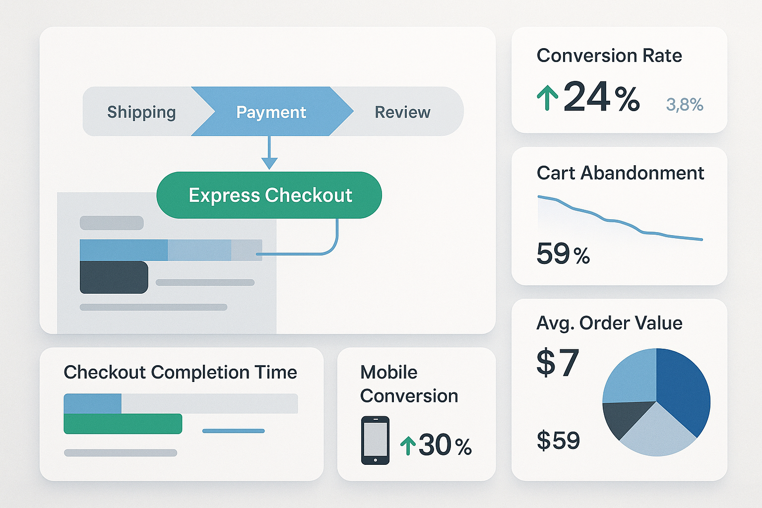 Comprehensive dashboard showing checkout flow with panels displaying increased conversion rate, reduced cart abandonment, faster checkout time, higher mobile conversion and increased average order value