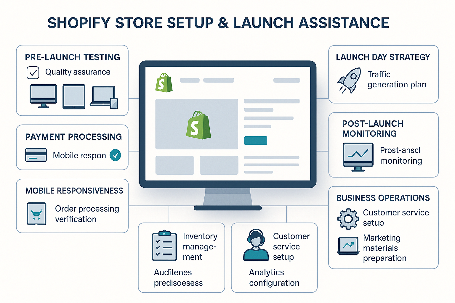 Comprehensive dashboard showing complete store implementation with surrounding panels displaying pre-launch testing, payment verification, launch strategy and business operations readiness