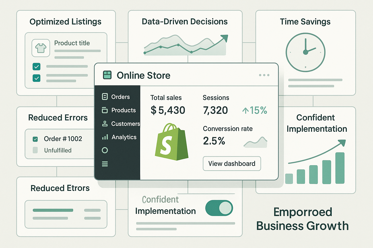 Comprehensive dashboard showing confident store management with surrounding panels displaying efficient product management, streamlined orders, data-driven decisions and independent growth