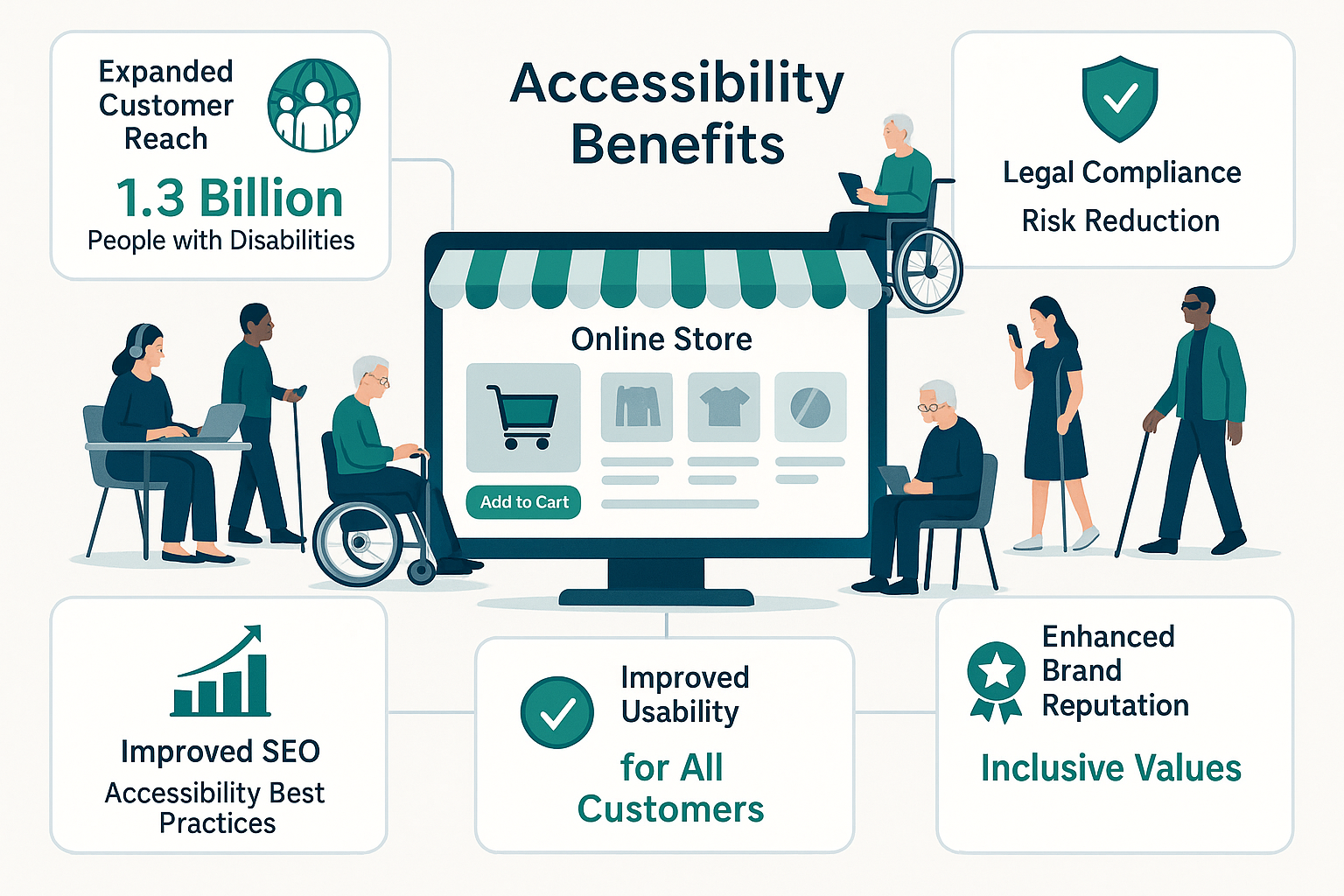 Comprehensive dashboard showing inclusive shopping experience with surrounding panels displaying expanded customer reach, legal compliance, improved SEO and enhanced brand reputation