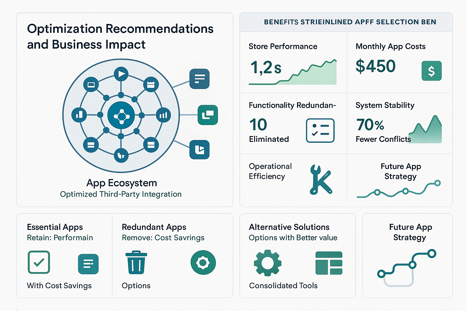 Comprehensive dashboard showing optimized app ecosystem with panels displaying improved store performance, reduced monthly costs, eliminated redundancies and enhanced system stability