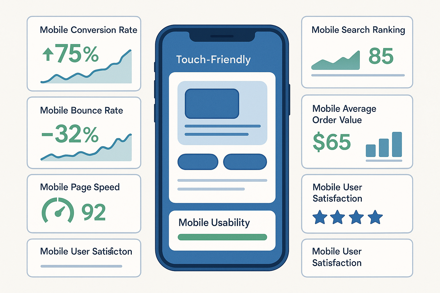 Comprehensive dashboard showing optimized mobile interface with panels displaying increased conversion rate, reduced bounce rate, improved order value and enhanced user satisfaction