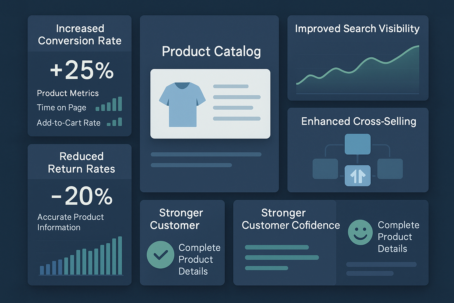 Comprehensive dashboard showing optimized product catalog with panels displaying increased conversion rates, improved search visibility, reduced returns and enhanced cross-selling