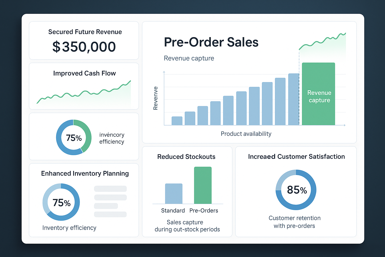 Comprehensive dashboard showing pre-order sales with panels displaying future revenue secured, improved cash flow, enhanced inventory planning, reduced stockout risk and increased customer satisfaction