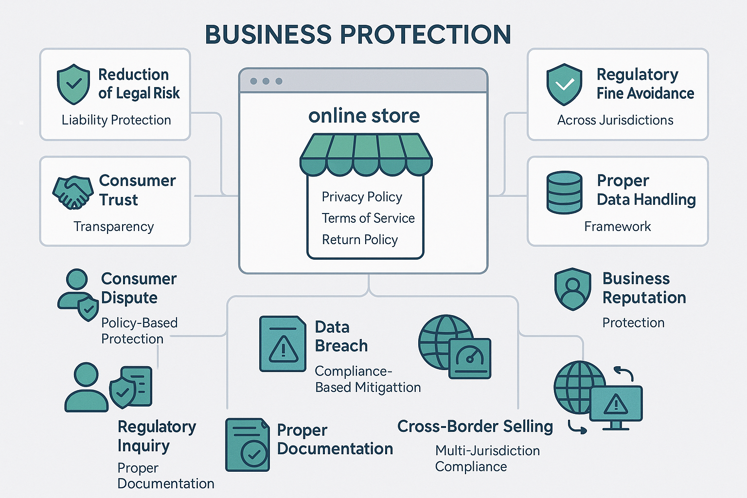 Comprehensive dashboard showing professional legal pages with surrounding panels displaying legal risk reduction, consumer trust enhancement, regulatory compliance and business reputation protection