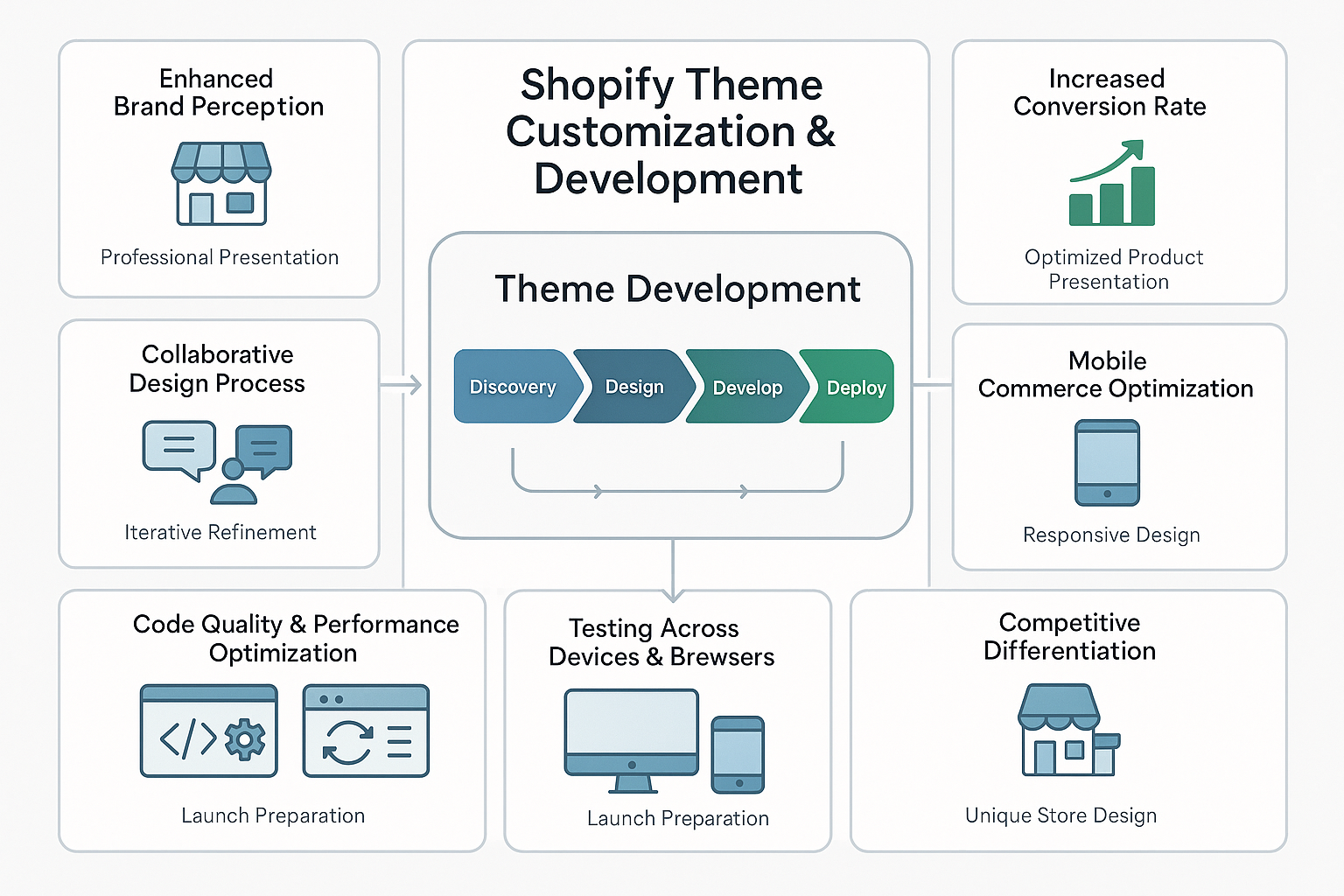 Comprehensive dashboard showing theme development process with discovery through deployment phases and panels displaying enhanced brand perception, improved UX and increased conversion
