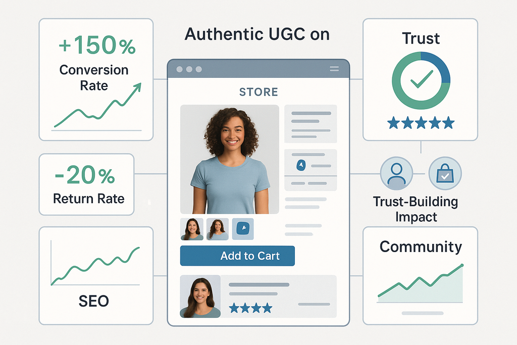 Comprehensive dashboard showing UGC placement throughout customer journey with panels displaying increased conversion rates, enhanced trust metrics, reduced returns and improved SEO