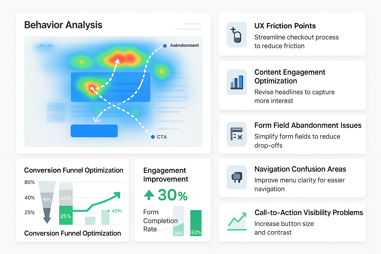Comprehensive dashboard showing user behavior patterns with panels displaying UX friction points, content optimization opportunities, form abandonment solutions and resulting conversion improvements