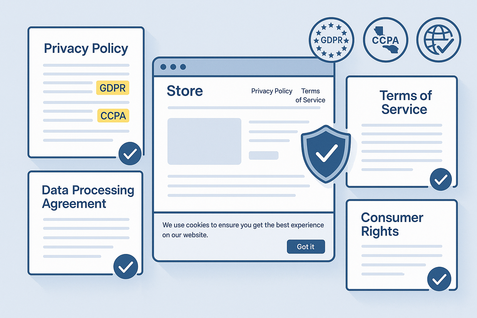 Comprehensive e-commerce legal framework showing privacy policy with GDPR/CCPA sections, terms of service, cookie consent mechanism and global compliance indicators