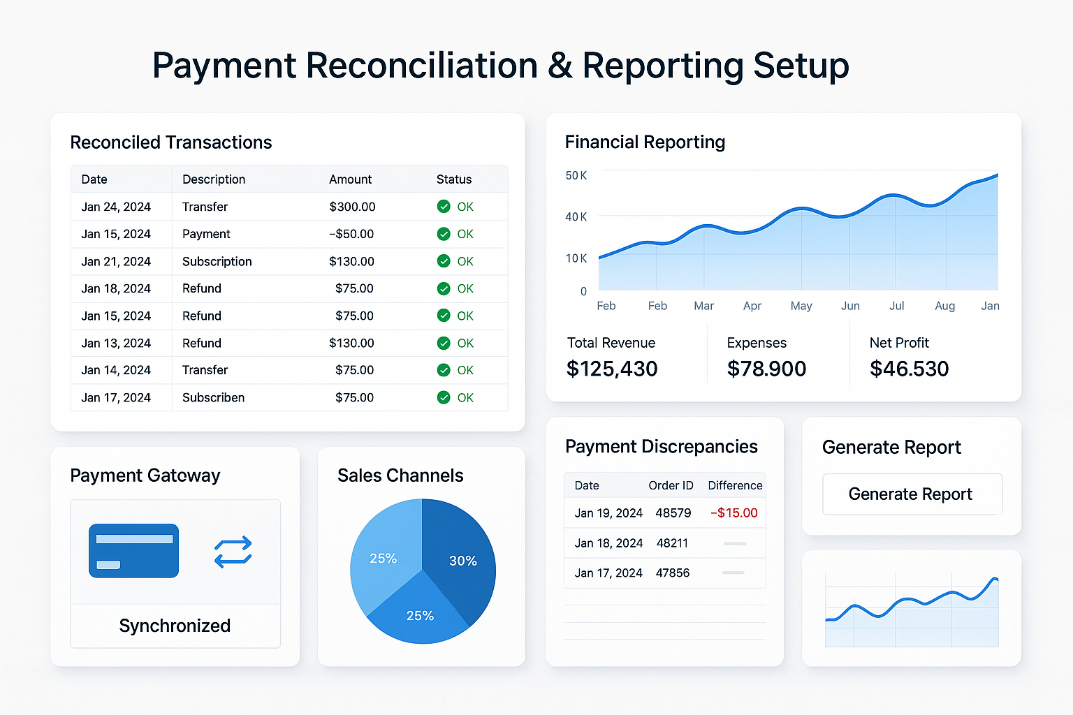 Comprehensive financial dashboard showing transaction matching system, payment gateway integration, reporting metrics, discrepancy identification and customized report generation