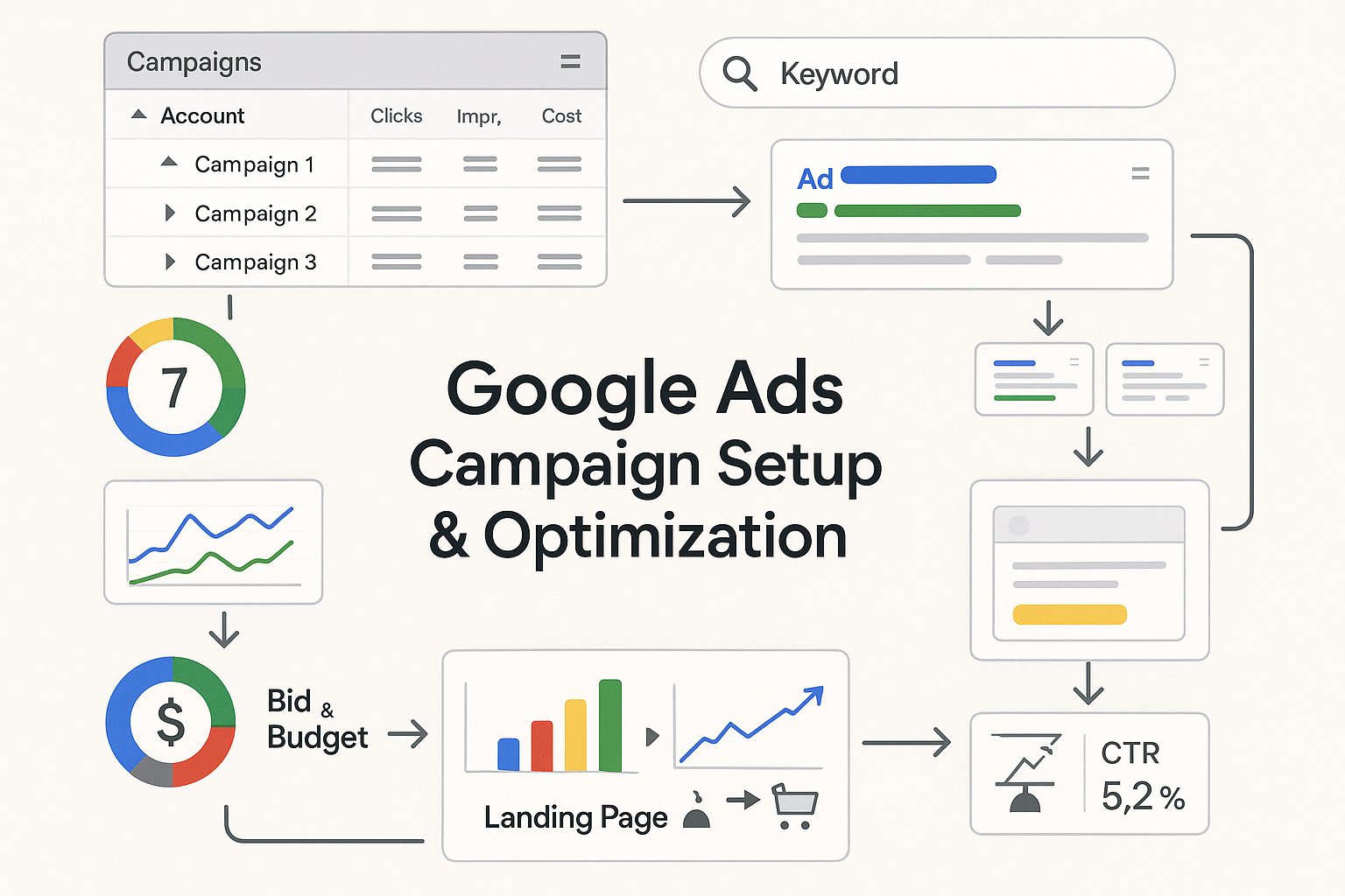 Comprehensive Google Ads ecosystem showing campaign architecture, keyword research, ad creative, landing page optimization, bid management and performance tracking