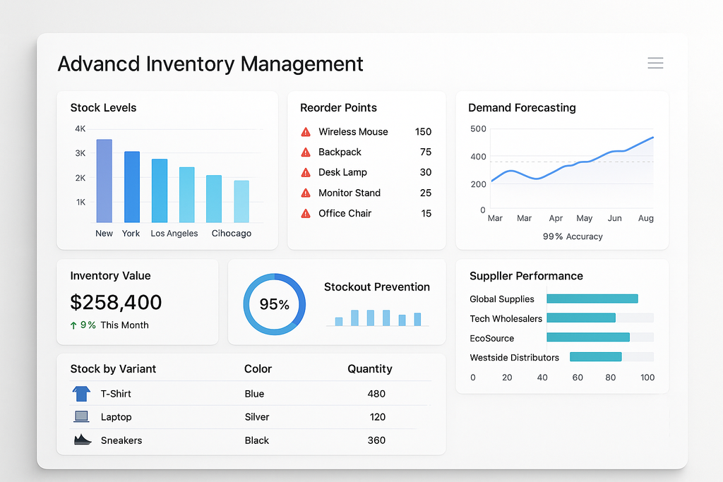 Comprehensive inventory control dashboard showing real-time stock monitoring, reorder alerts, demand forecasting, performance metrics and stockout prevention safeguards
