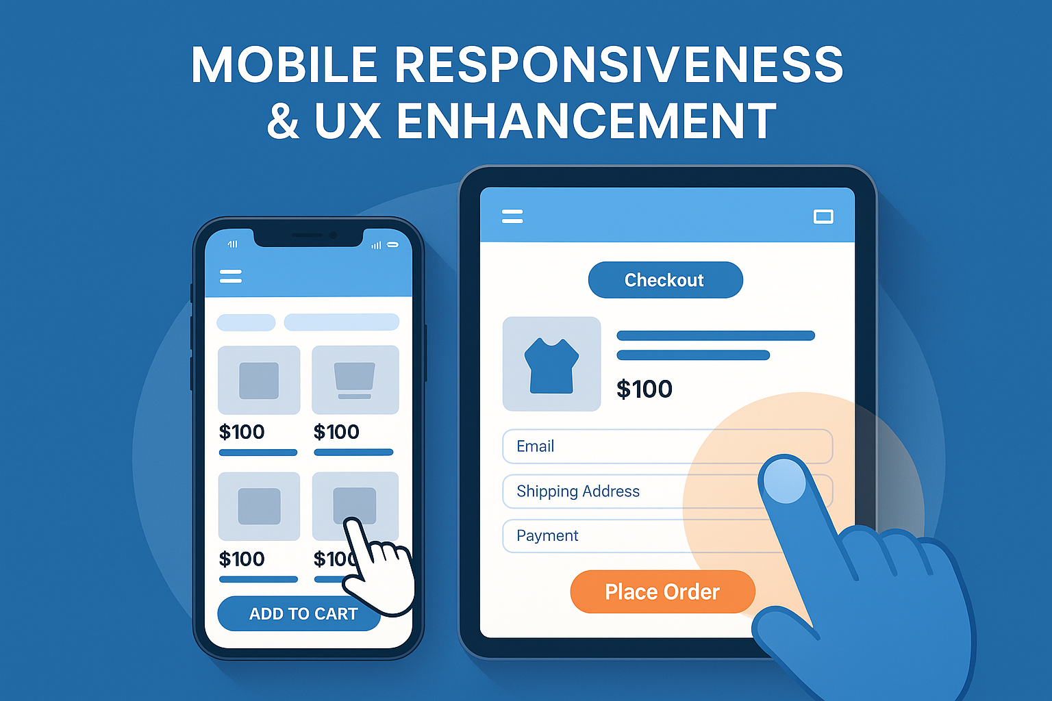 Comprehensive mobile e-commerce experience showing responsive product grid, touch-friendly navigation, streamlined checkout and thumb-zone optimized interface elements