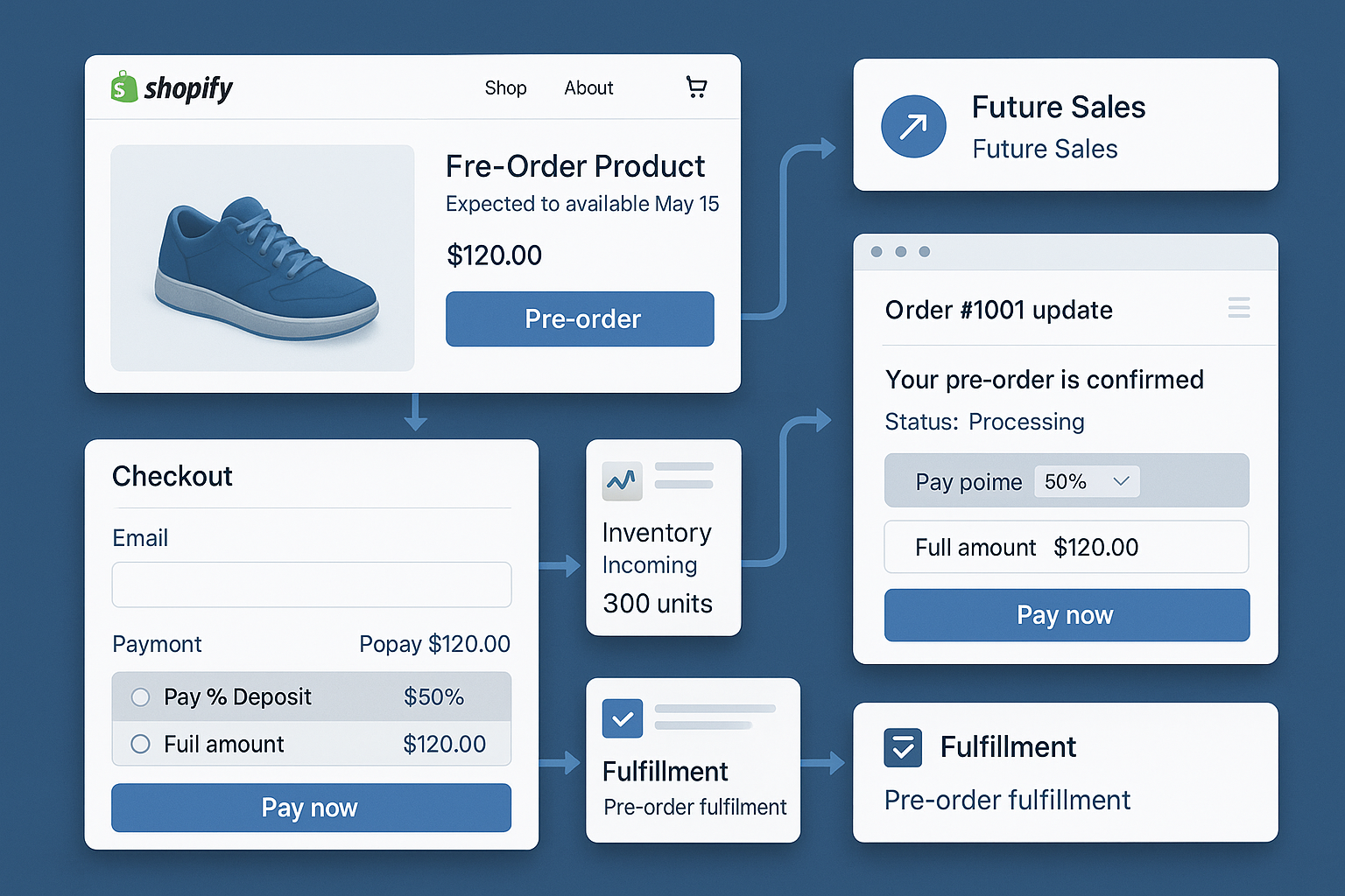 Comprehensive pre-order ecosystem showing product page with availability messaging, customized checkout, payment handling, customer communication, inventory management and fulfillment process