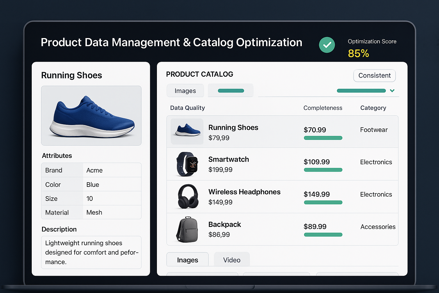 Comprehensive product catalog management system showing organized attributes, rich media, consistent formatting, enhanced descriptions and strategic categorization