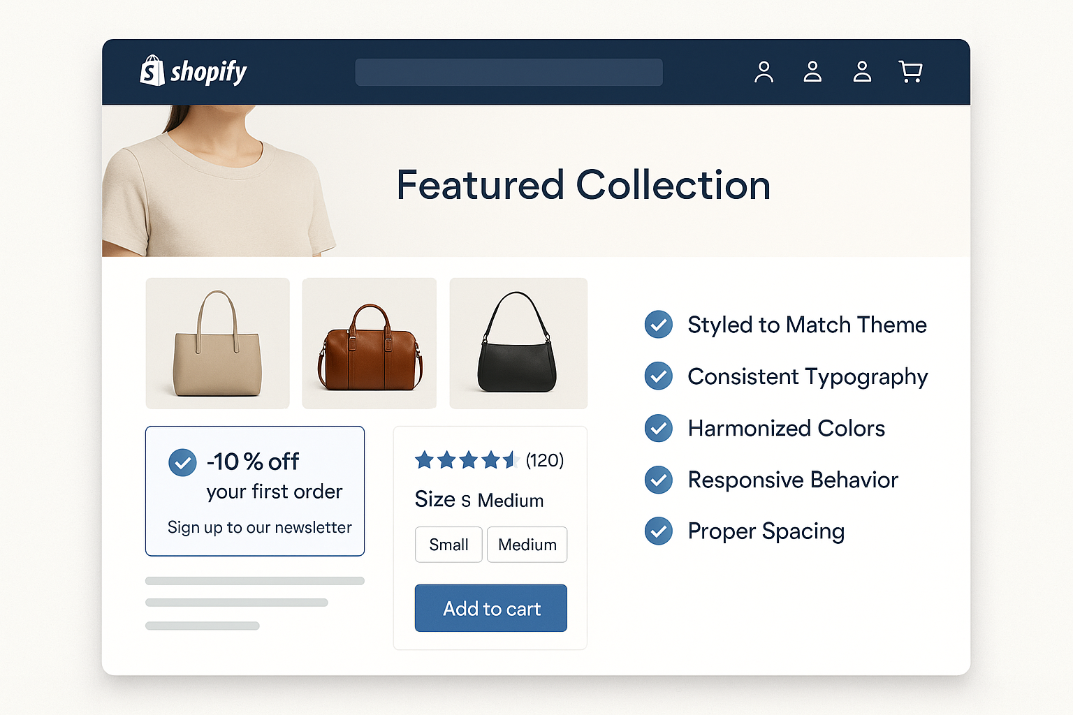Comprehensive Shopify store interface showing perfectly styled app elements matching theme design with consistent typography, harmonized colors and unified user experience