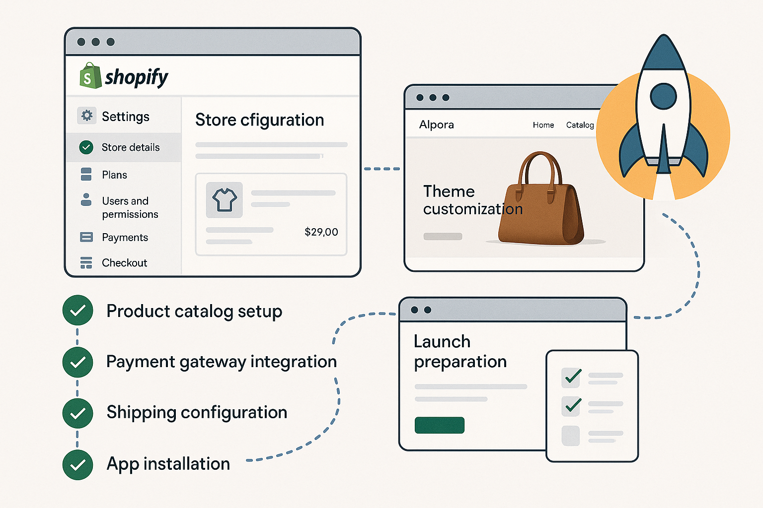 Comprehensive Shopify store launch journey showing store configuration, product setup, payment integration, shipping setup, theme customization and launch preparation