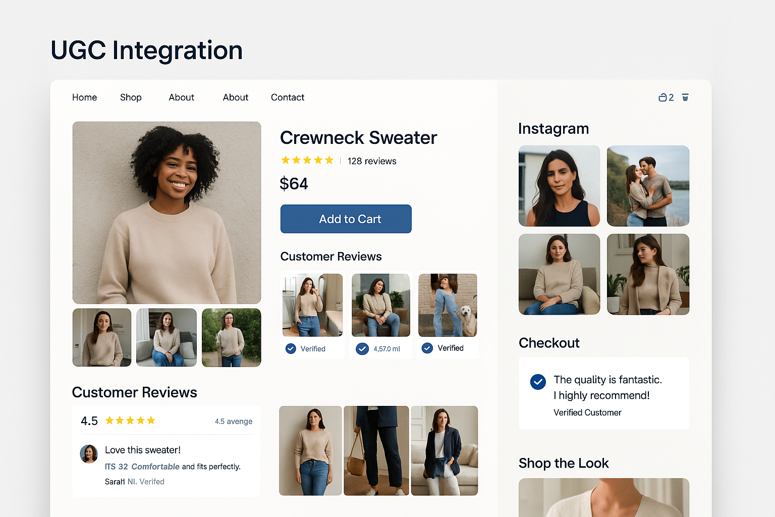 Comprehensive Shopify store showing product pages with customer photos, review section with verified feedback, Instagram feed integration and homepage with curated UGC gallery
