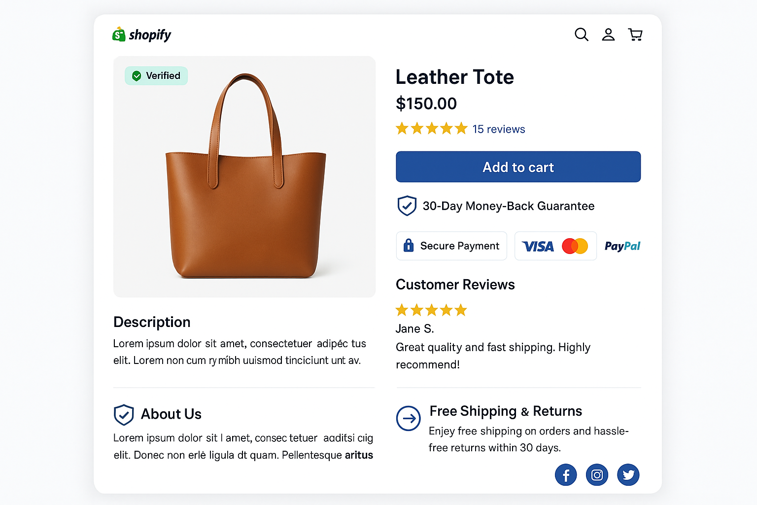 Comprehensive Shopify store showing professional design with security badges, customer reviews, guarantee highlights, business credentials and strategic trust signals