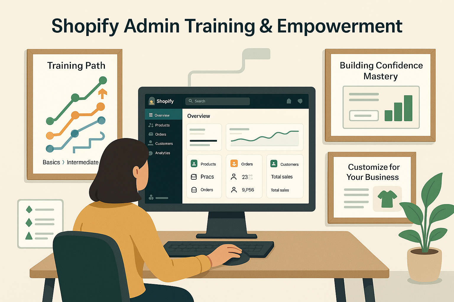 Comprehensive training environment showing Shopify admin dashboard with personalized learning modules, practice scenarios and business-specific applications in a single integrated view