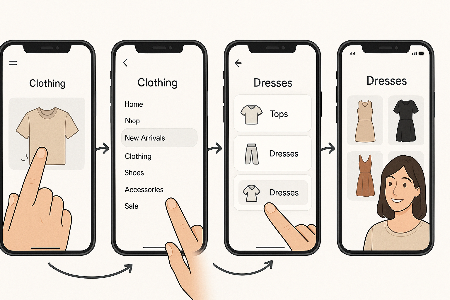 Connected sequence of smartphone screens showing customer journey through optimized menu from opening to category selection to product collection