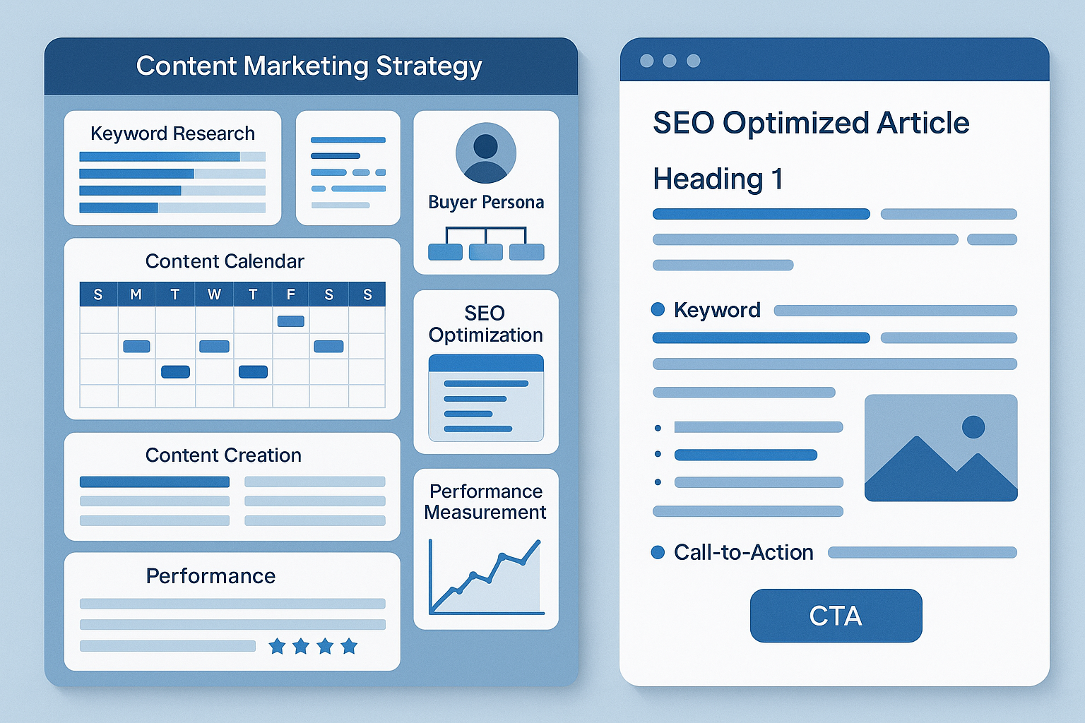 Content strategy dashboard showing keyword research, content calendar, buyer personas, SEO framework, creation workflow and optimized article structure