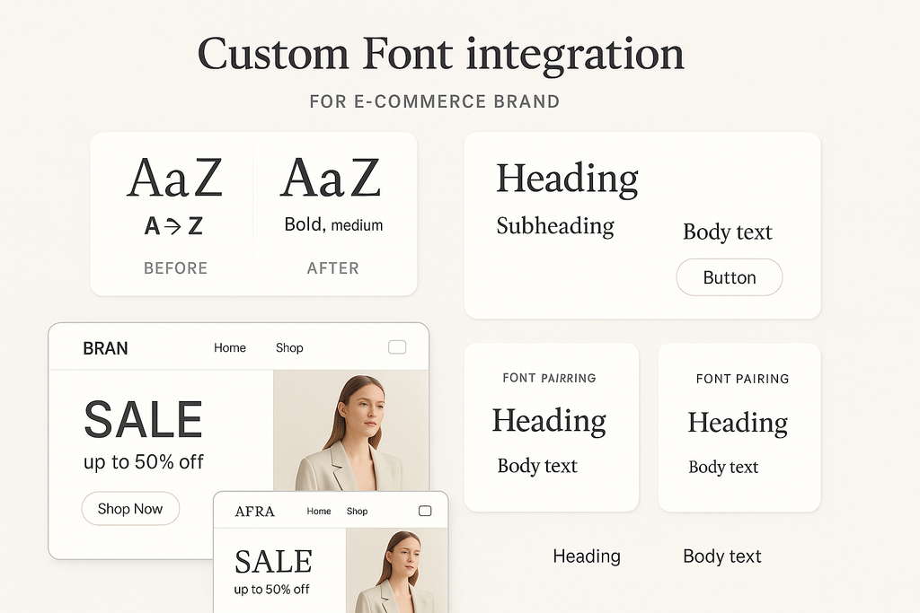 Custom font integration visualization showing before/after comparisons, typography specimens and font hierarchy examples on light background